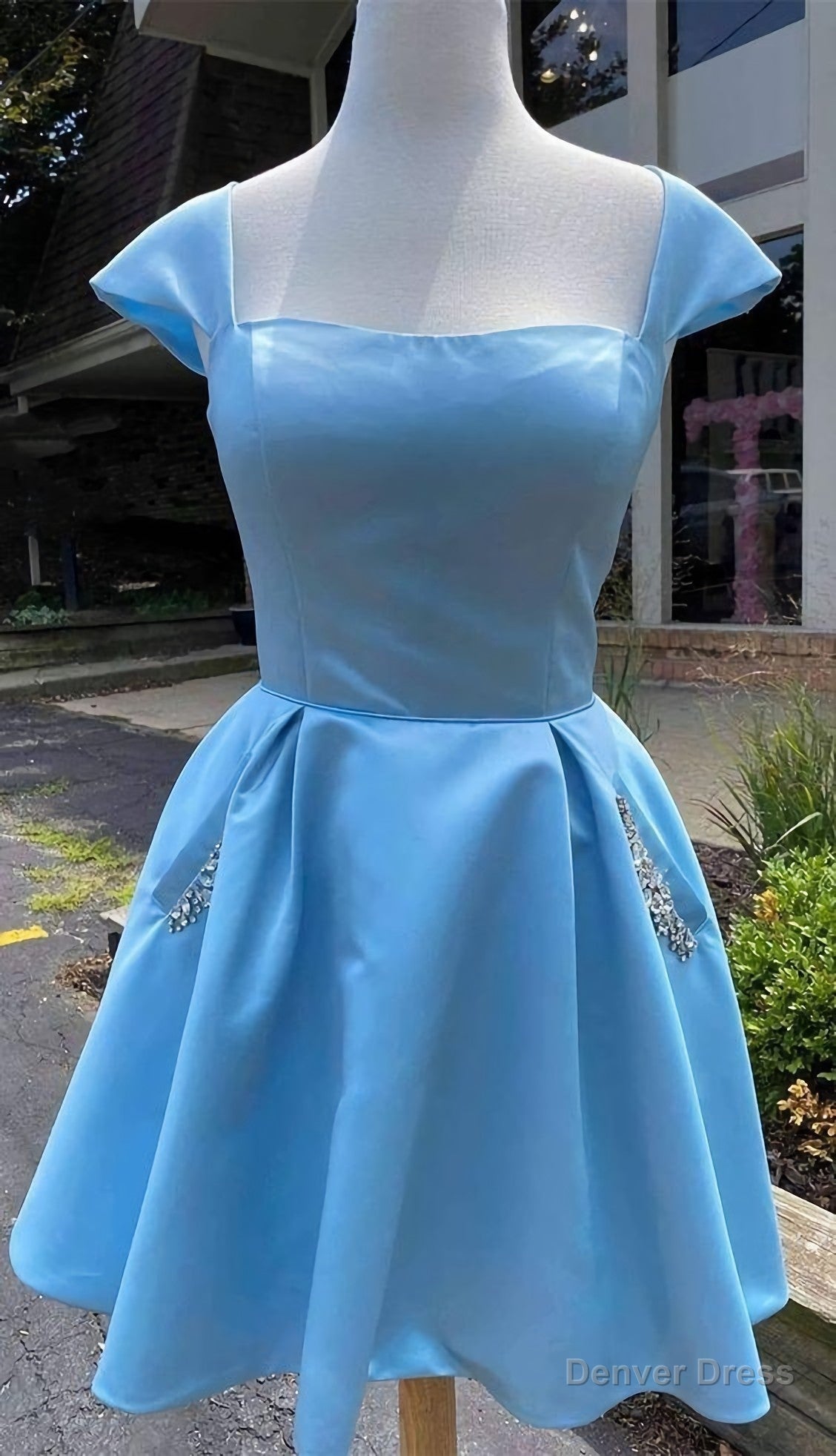 Cap Sleeves Light Blue Satin Short Homecoming Dresses, With Beaded Bodice Main image