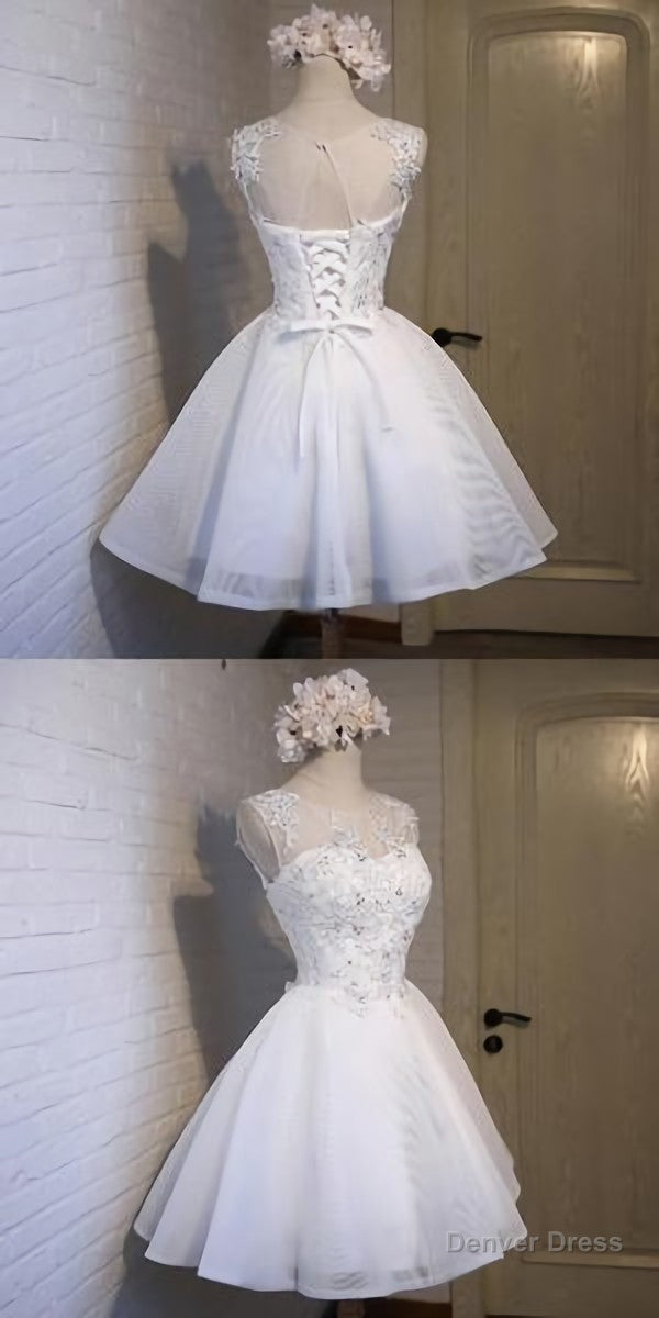 Glamorous A Line Scoop Neckline Short Homecoming Dress, White Homecoming Dresses, With Sleeveless