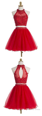 Two Piece Scoop Short Red Organza Beaded Homecoming Dress, With Appliques Sequins
