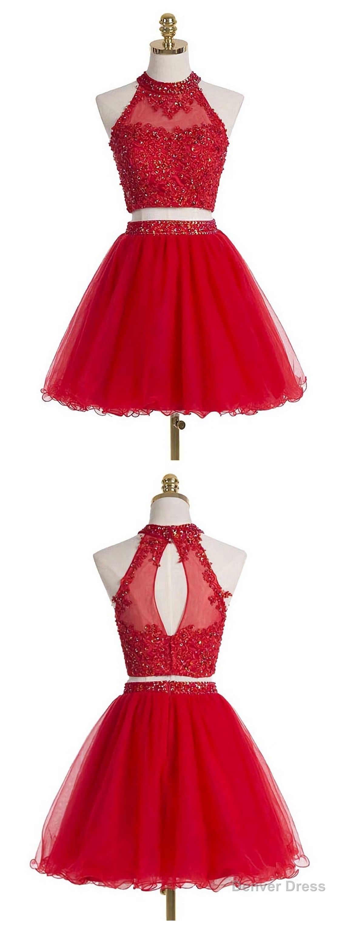 Two Piece Scoop Short Red Organza Beaded Homecoming Dress, With Appliques Sequins