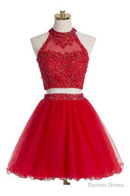 Two Piece Scoop Short Red Organza Beaded Homecoming Dresses, With Appliques Sequins