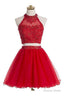 Two Piece Scoop Short Red Organza Beaded Homecoming Dresses, With Appliques Sequins