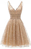 A Line V Neck Knee Length Gold Sequins Homecoming Dresses, With Beading