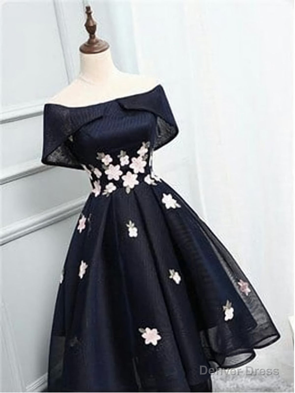 Off The Shoulder Black Organza Homecoming Dress, With Handmade Flower Short Homecoming Dresses