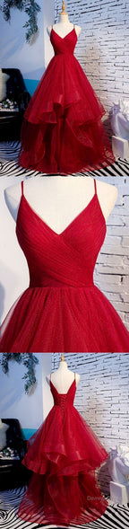 Elegant Tulle Red Straps Prom Dress, A Line Prom Dress, Long Prom Dress, Burgundy Prom Dresses