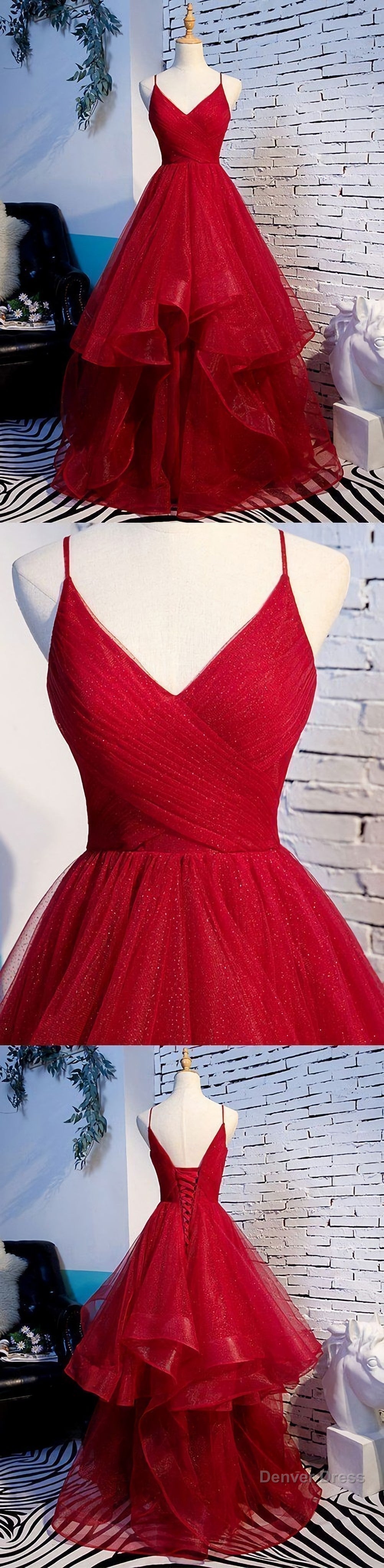 Elegant Tulle Red Straps Prom Dress, A Line Prom Dress, Long Prom Dress, Burgundy Prom Dresses