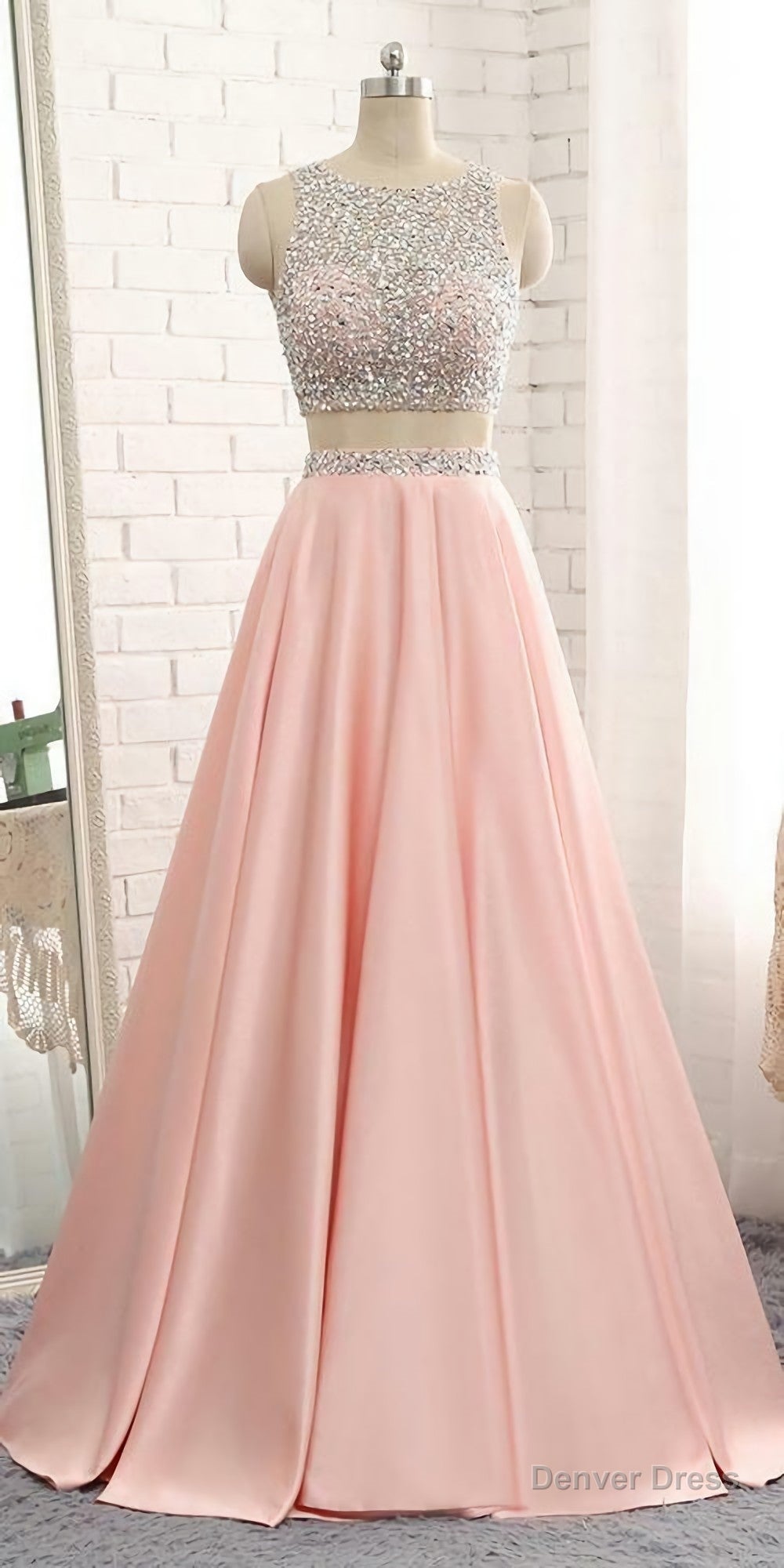2 Pieces Beaded 2026 Sequins Open Back Prom Dress, Long Two Pieces School Dance Dresses