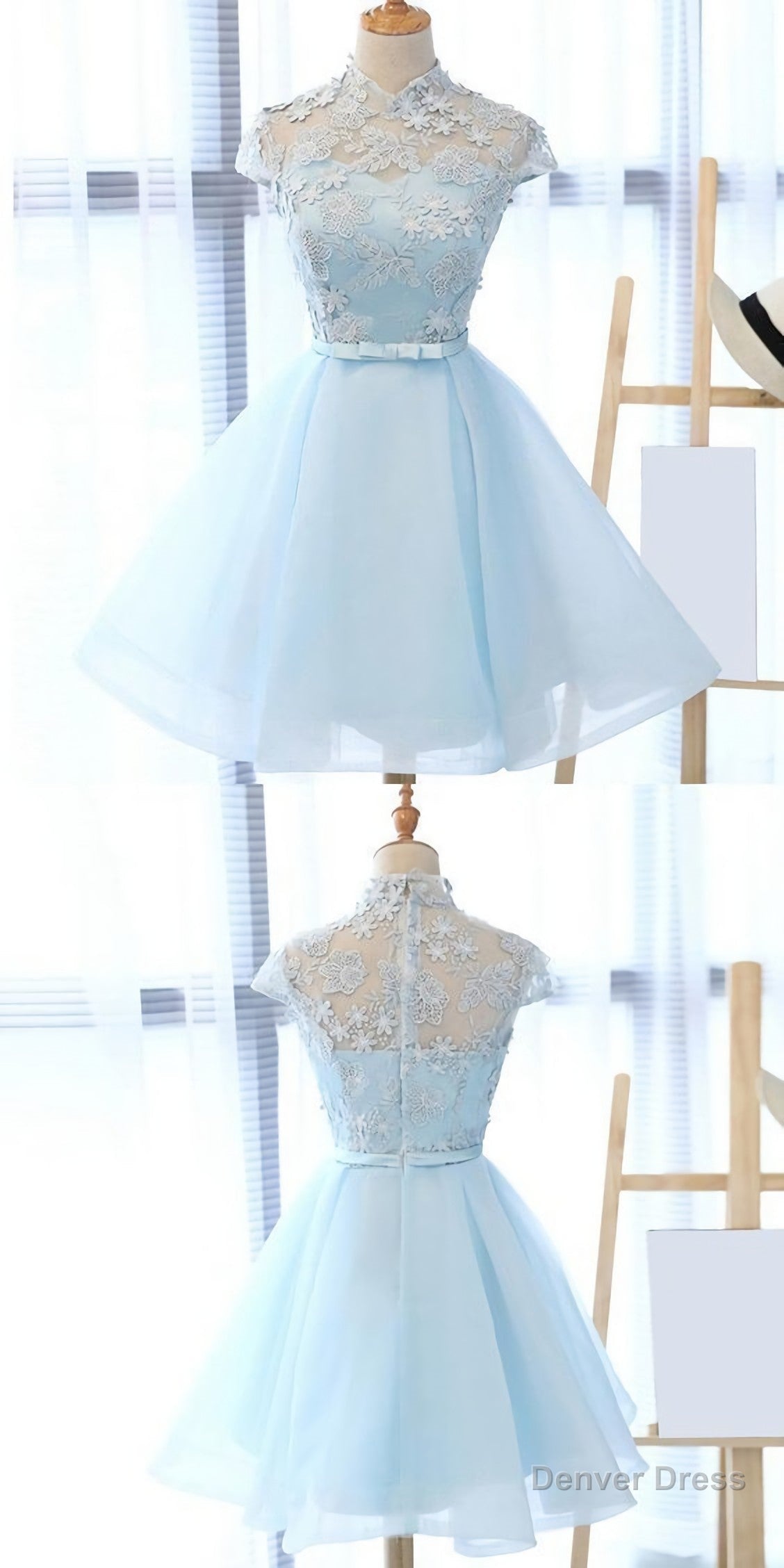 Chic Light Sky Blue Homecoming Dress, Tulle High Neck Homecoming Dress, Prom Dresses Main image