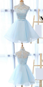 Chic Light Sky Blue Homecoming Dress, Tulle High Neck Homecoming Dress, Prom Dresses
