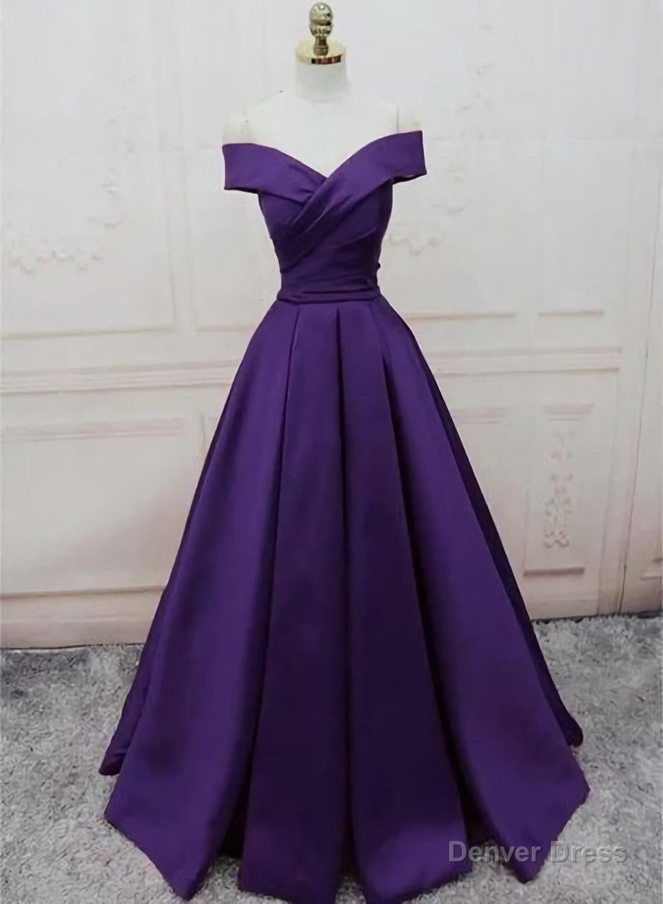 Dark Purple Off Shoulder Satin Long Formal Gown Prom Dresses Main image