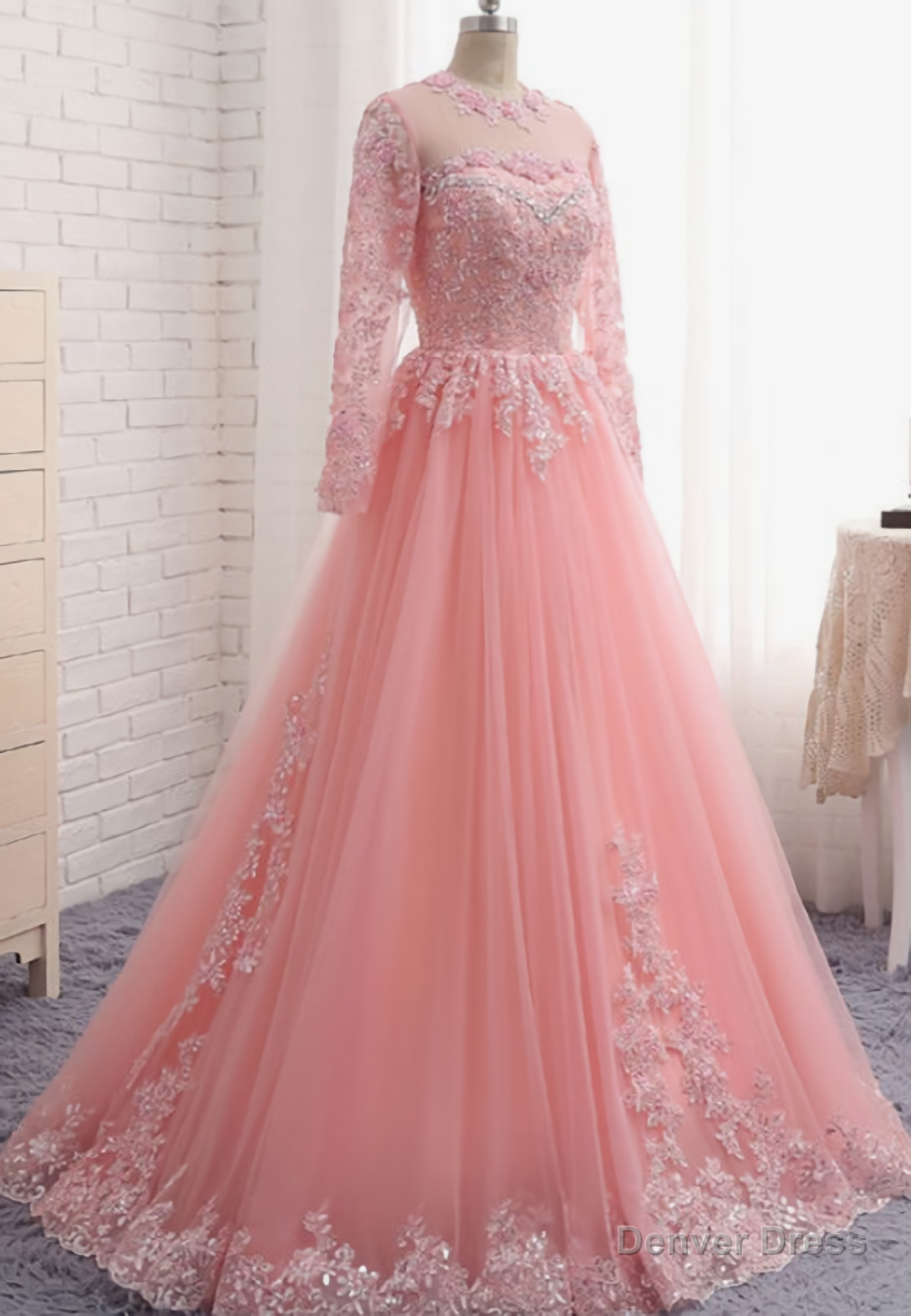 Charming Long Sleeve Appliques Pink Tulle Prom Dresses, Elegant Evening Formal Dress Secondary image