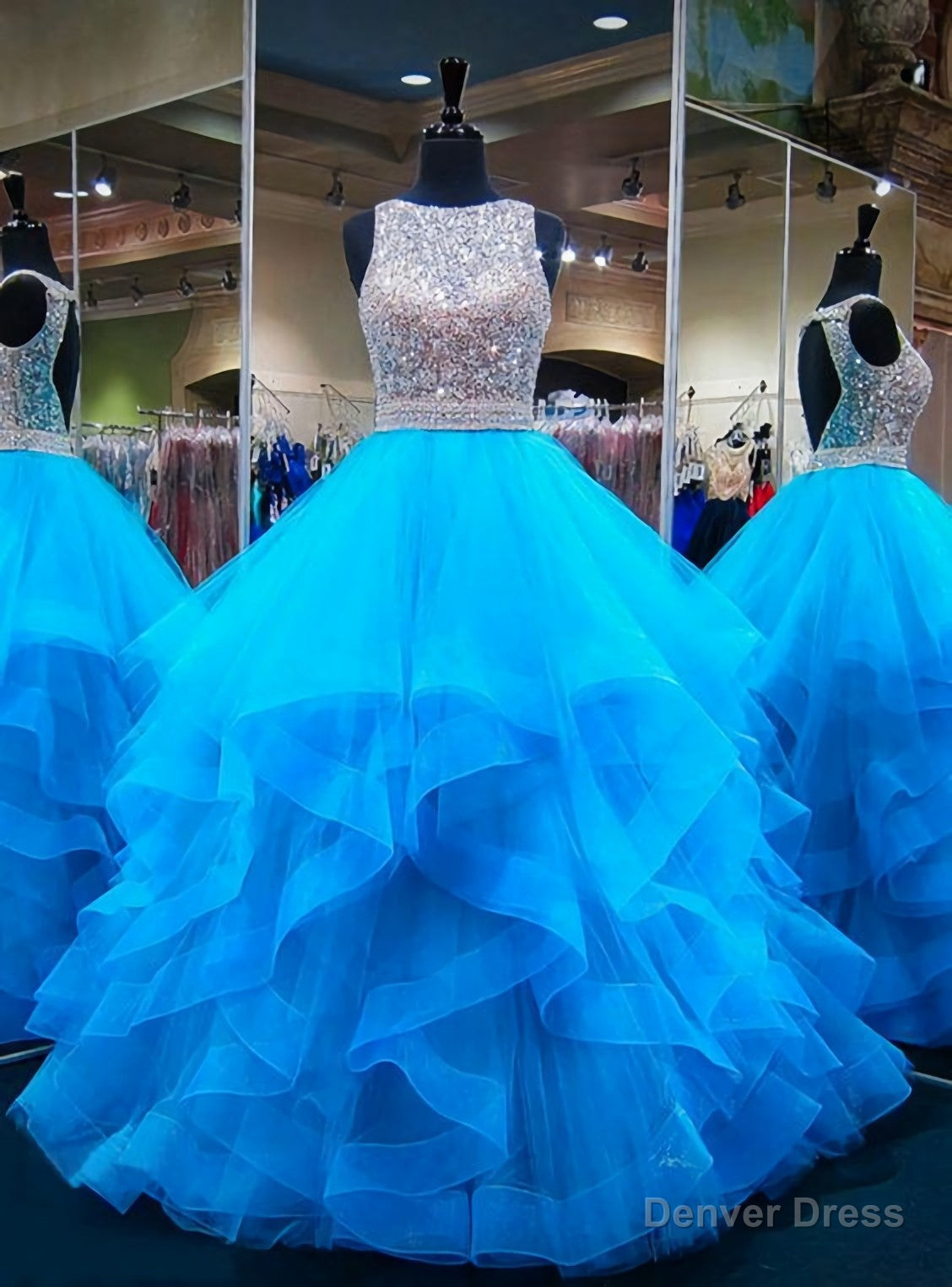 Blue Puffy Ball Gown Crystals Backless African Prom Dresses Main image