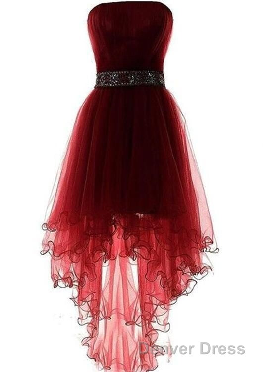 Wine Red Homecoming Dresses, Burgundy High Low Party Dresses with Beadings