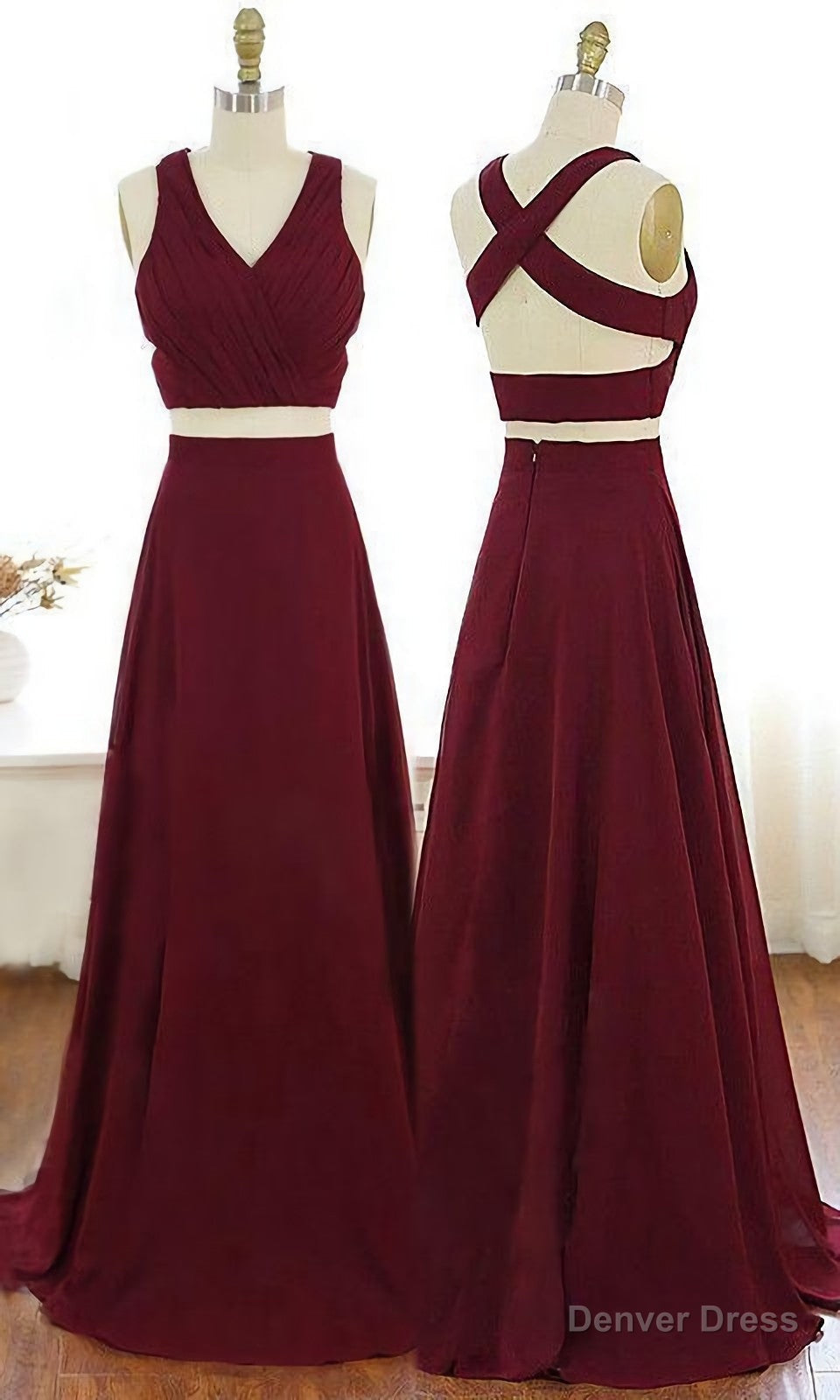 V Neck Burgundy Prom Dress, Criss Cross Straps Chiffon Two Piece Prom Dresses Main image
