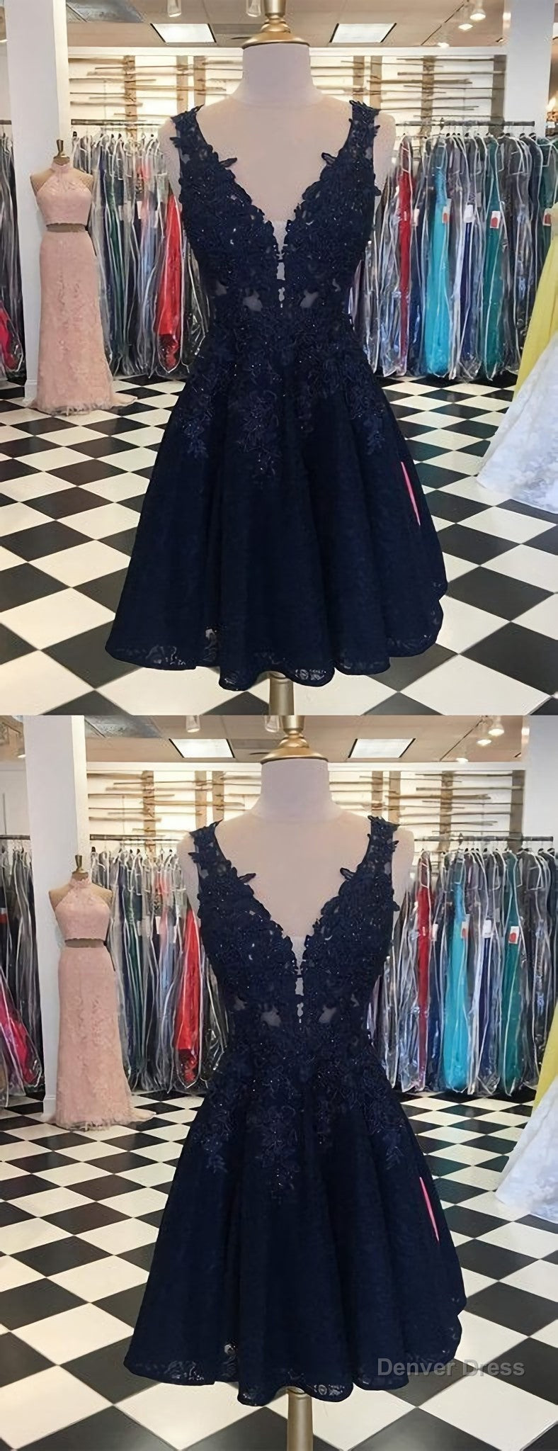 Dark Navy Lace Beading Sleeveless Illusion Homecoming Dresses Main image