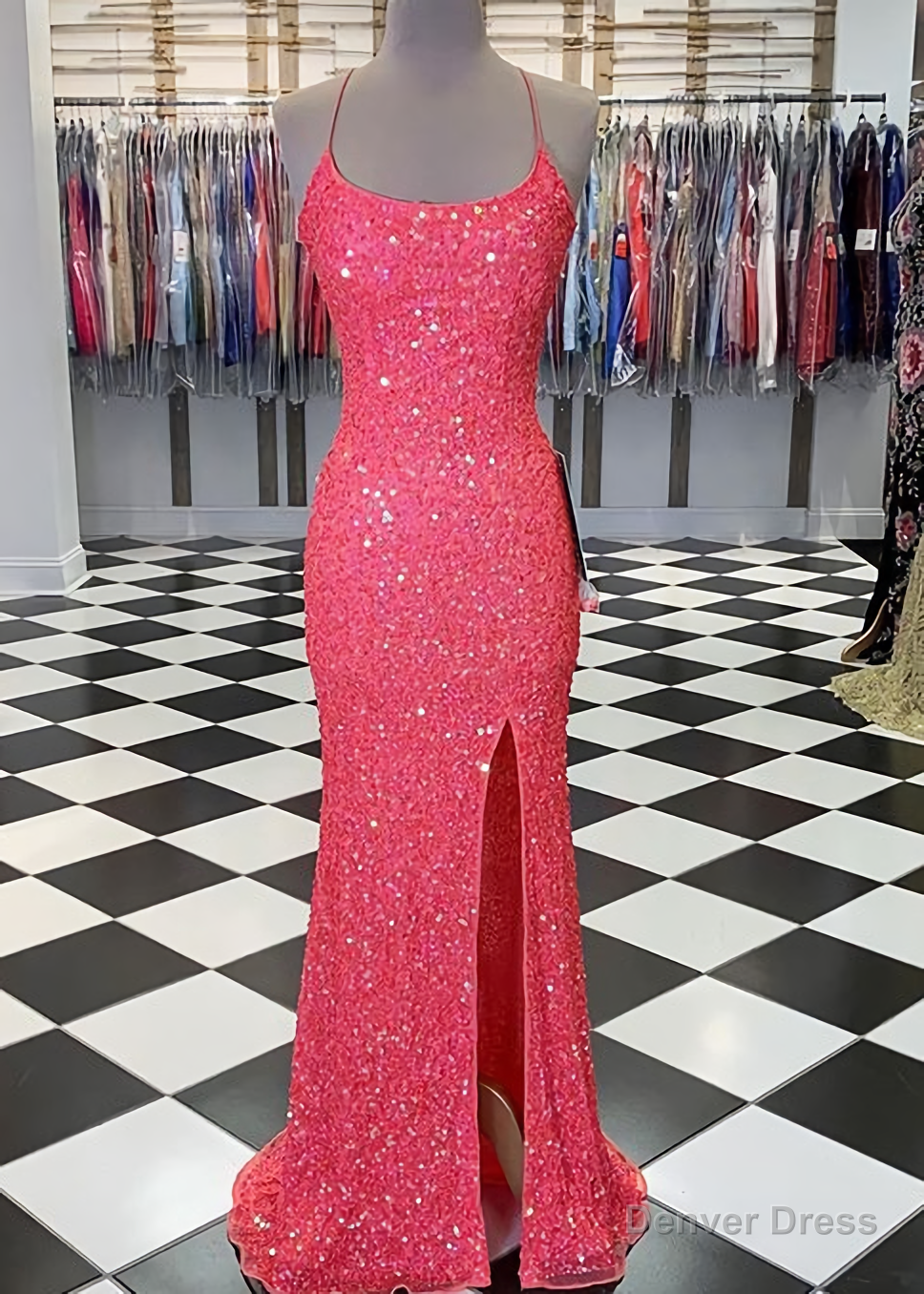 Spaghetti Straps Coral Pink Sequin Mermaid Prom Dresses, With Slit Secondary image