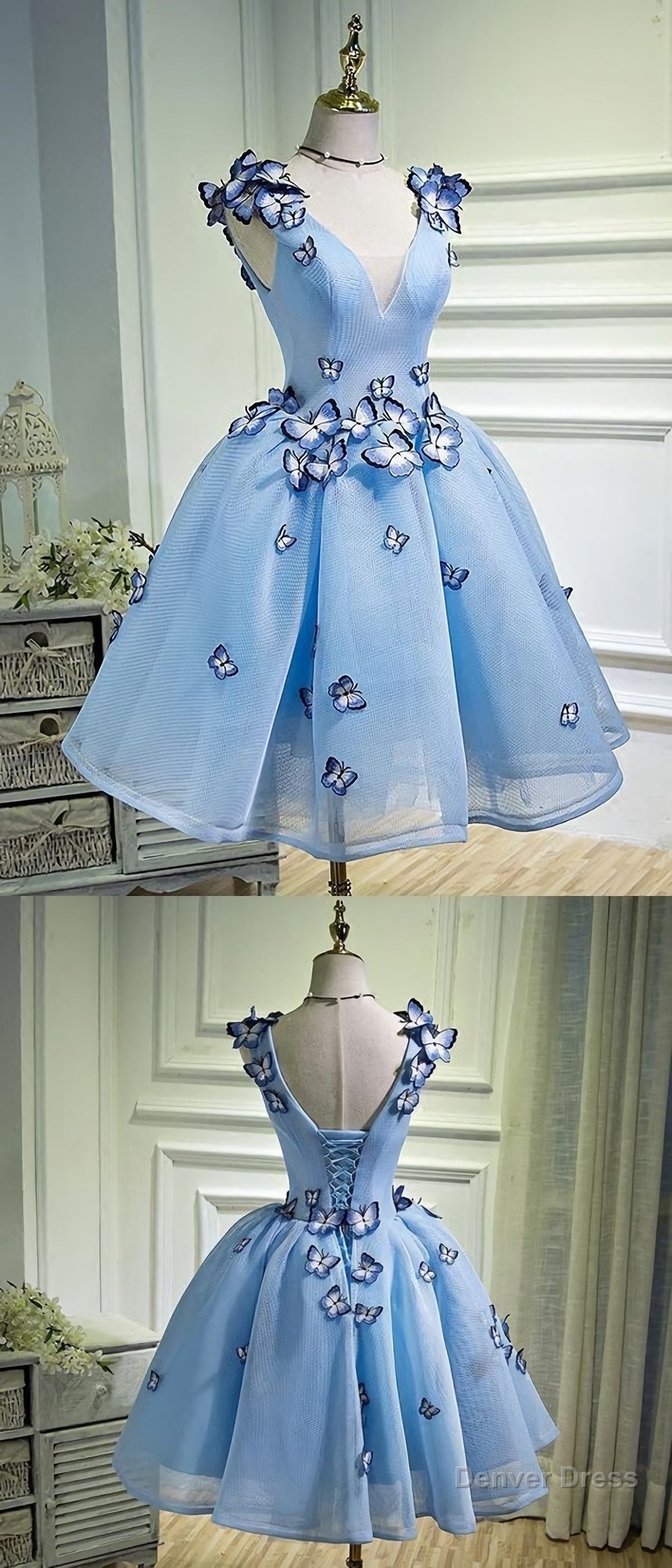 Sky Blue Butterfly Short Homecoming Dress, Prom Dresses Main image