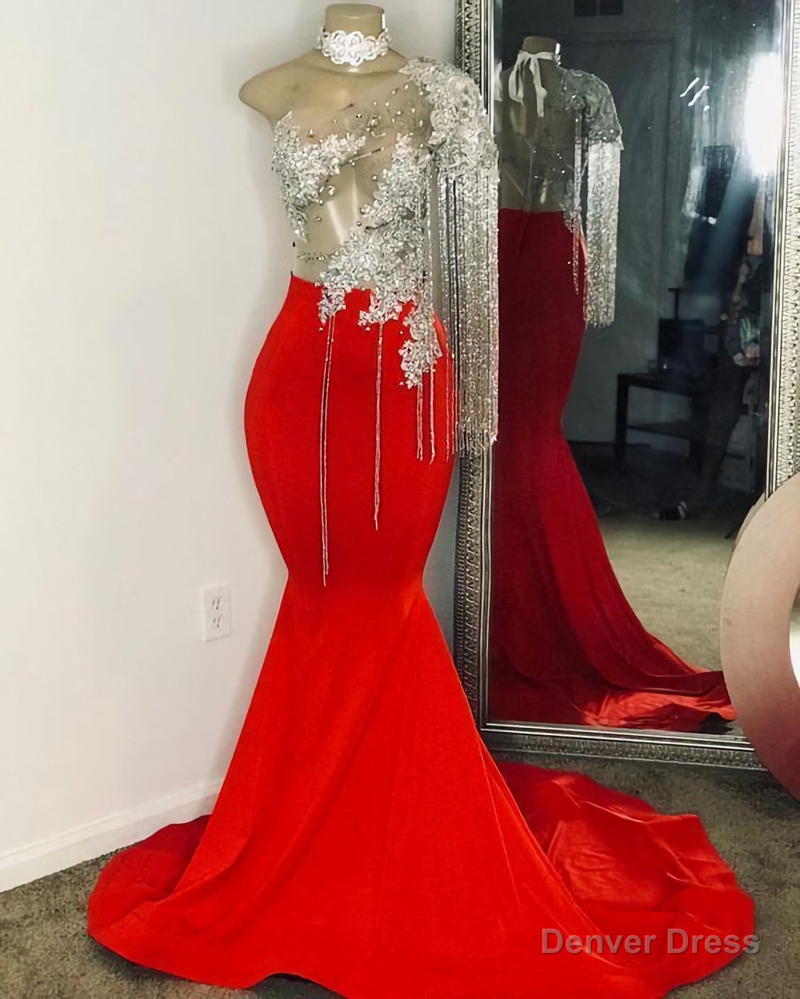 Tassel Prom Dress, One Shoulder Prom Dress, Mermaid Prom Dress, Red Prom Dresses