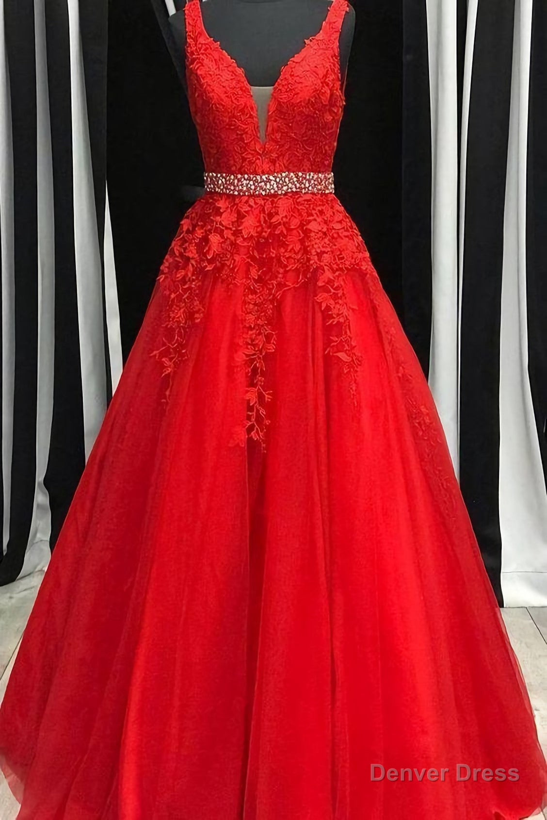 Red Lace Prom Dress, Applique Prom Dress, A Line Prom Dresses