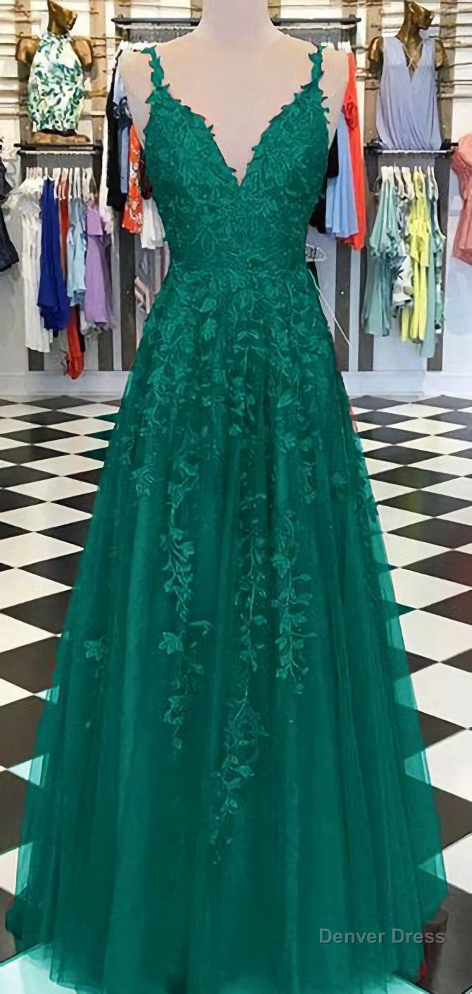 Chic A Line Prom Dress, Spaghetti Straps Applique Red Prom Dress Main image