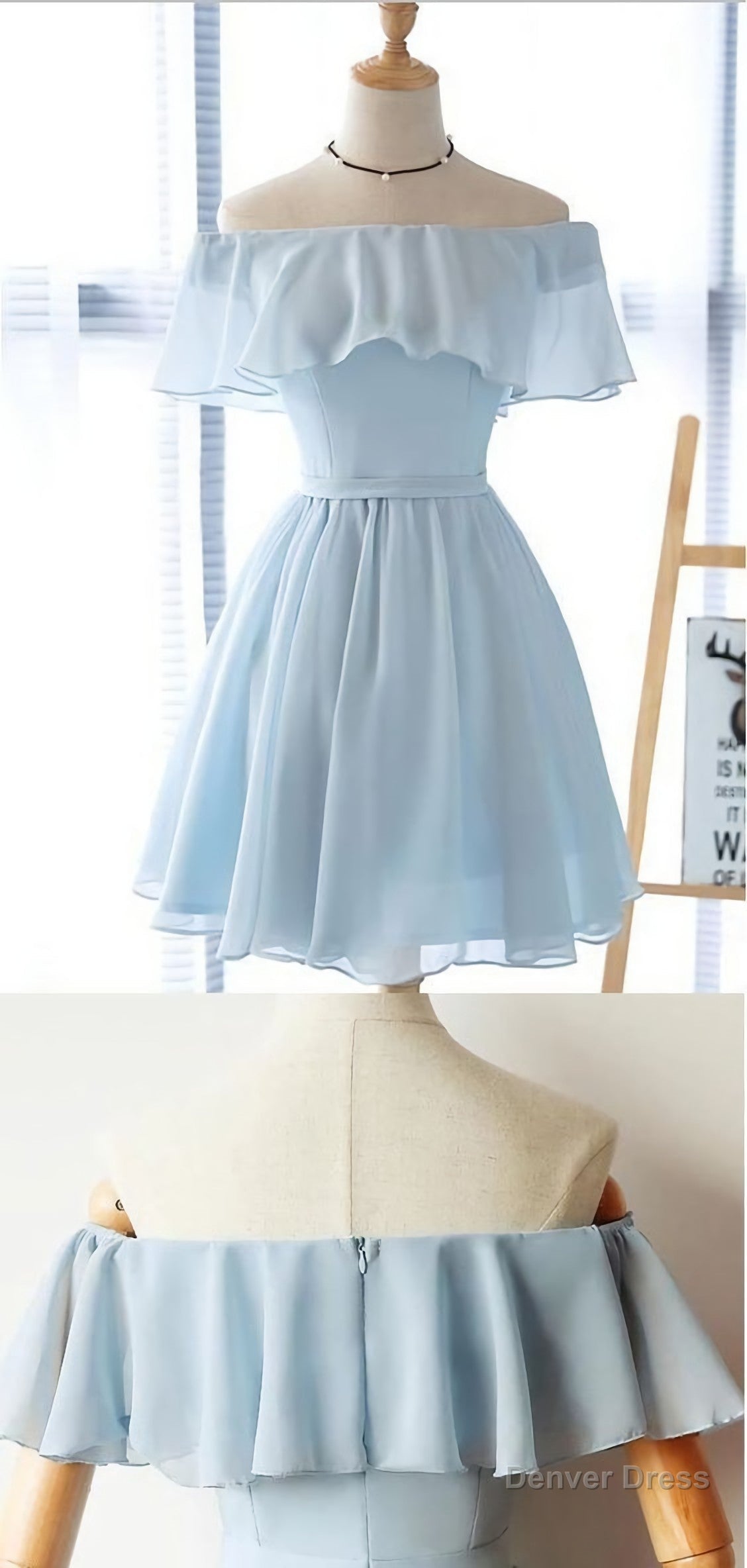 Simple Off The Shoulder Light Blue Chiffon A Line Short Homecoming Dress Main image