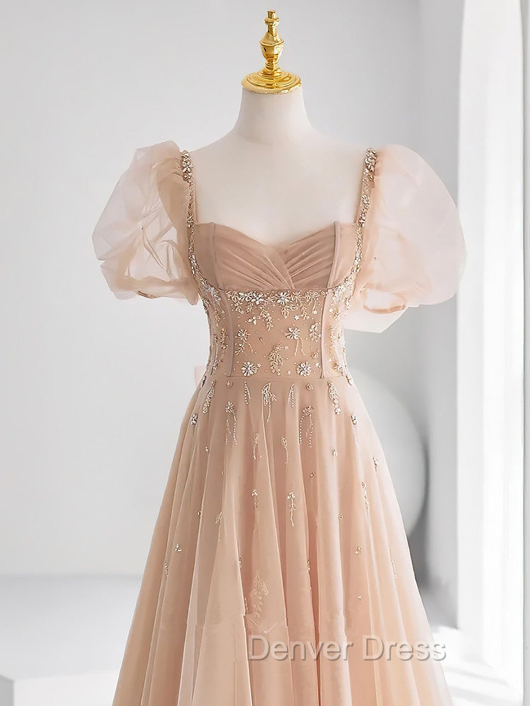 Chamapgne Beaded Short Sleeves Tulle A-line Prom Dresses, Champagne Party Dresses Secondary image