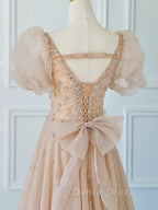 Chamapgne Beaded Short Sleeves Tulle A-line Prom Dresses, Champagne Party Dresses