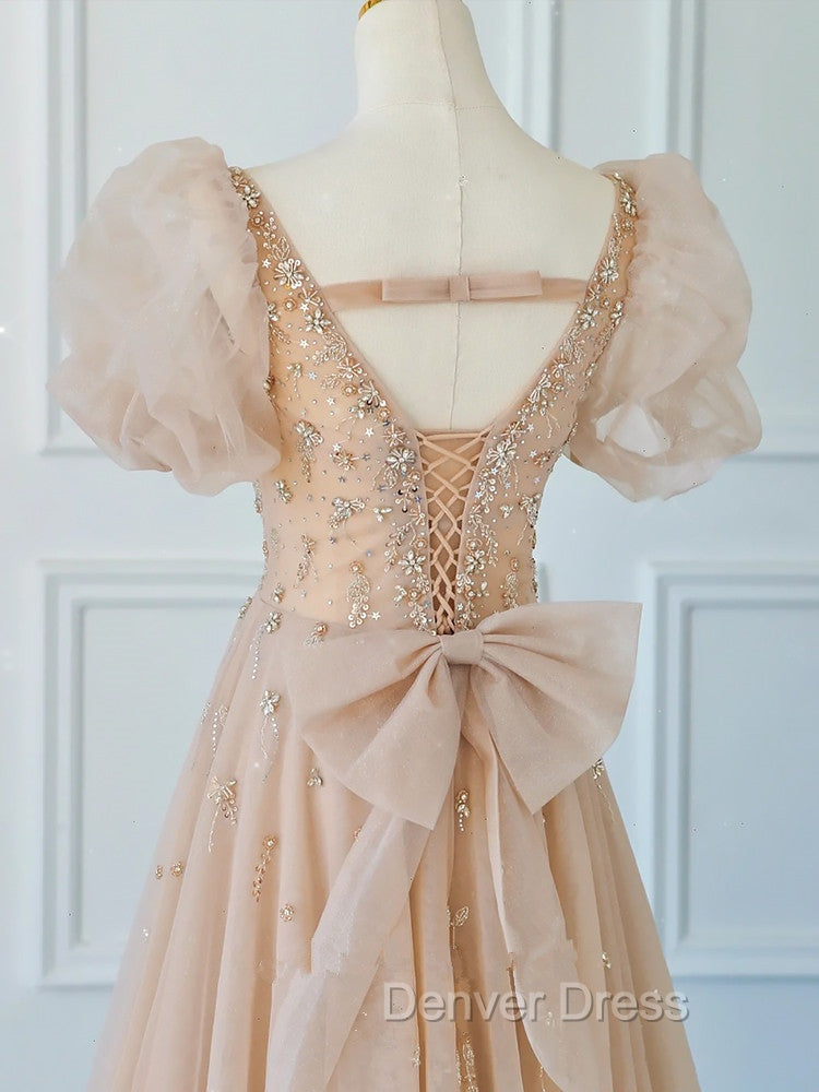 Chamapgne Beaded Short Sleeves Tulle A-line Prom Dresses, Champagne Party Dresses