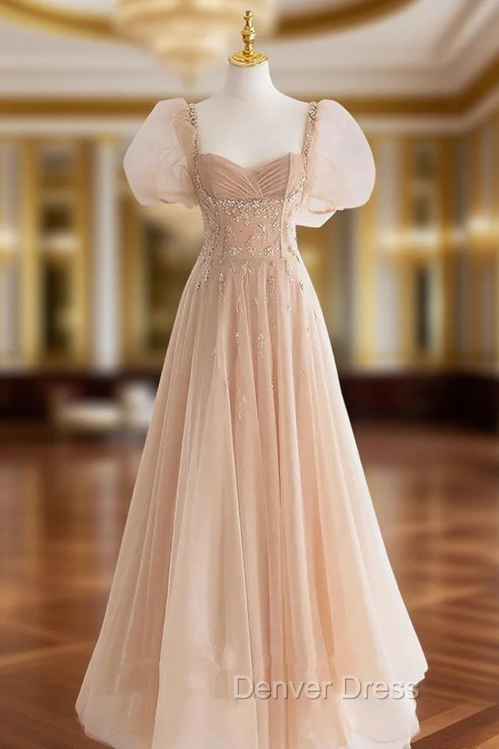 Chamapgne Beaded Short Sleeves Tulle A-line Prom Dresses, Champagne Party Dresses Main image