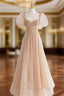 Chamapgne Beaded Short Sleeves Tulle A-line Prom Dresses, Champagne Party Dresses