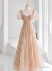 Chamapgne Beaded Short Sleeves Tulle A-line Prom Dress, Champagne Party Dress