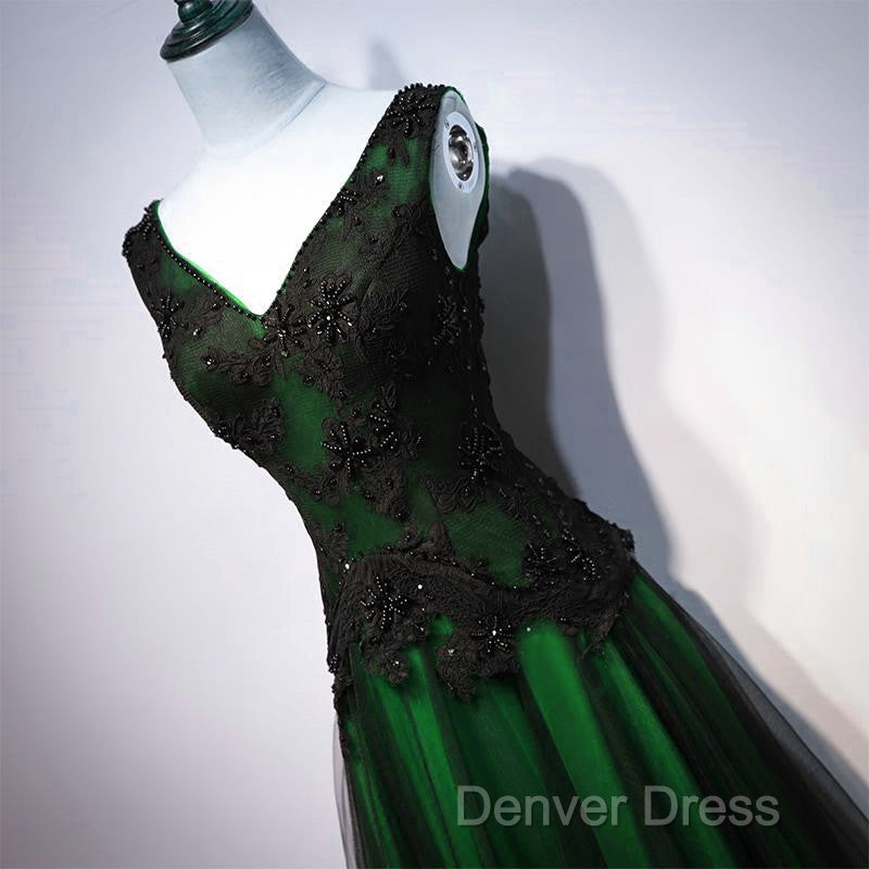 Chaming Black And Green Tulle V-Neckline Long Party Dresses, Beautiful V-Neckline Prom Dresses