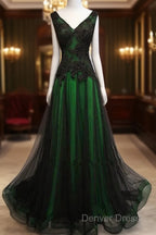 Chaming Black And Green Tulle V-Neckline Long Party Dresses, Beautiful V-Neckline Prom Dresses