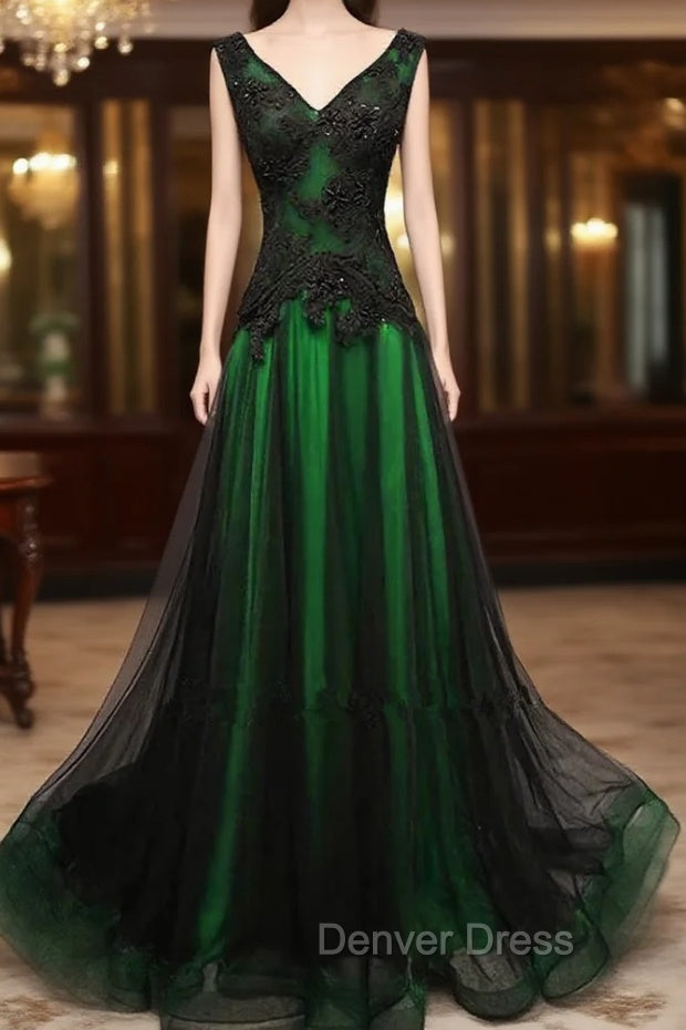 Chaming Black and Green Tulle V-neckline Long Party Dresses, V-neckline Prom Dresses Main image