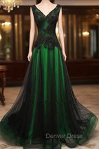 Chaming Black and Green Tulle V-neckline Long Party Dresses, V-neckline Prom Dresses