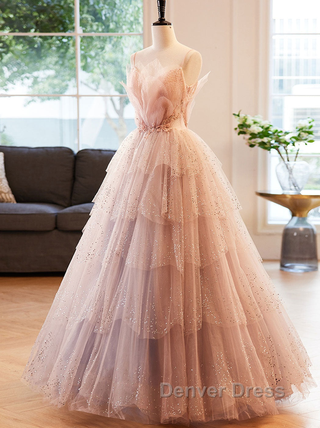 Champagne A Line Beading Sequin Long Prom Dress, Champagne Prom Dresses Secondary image