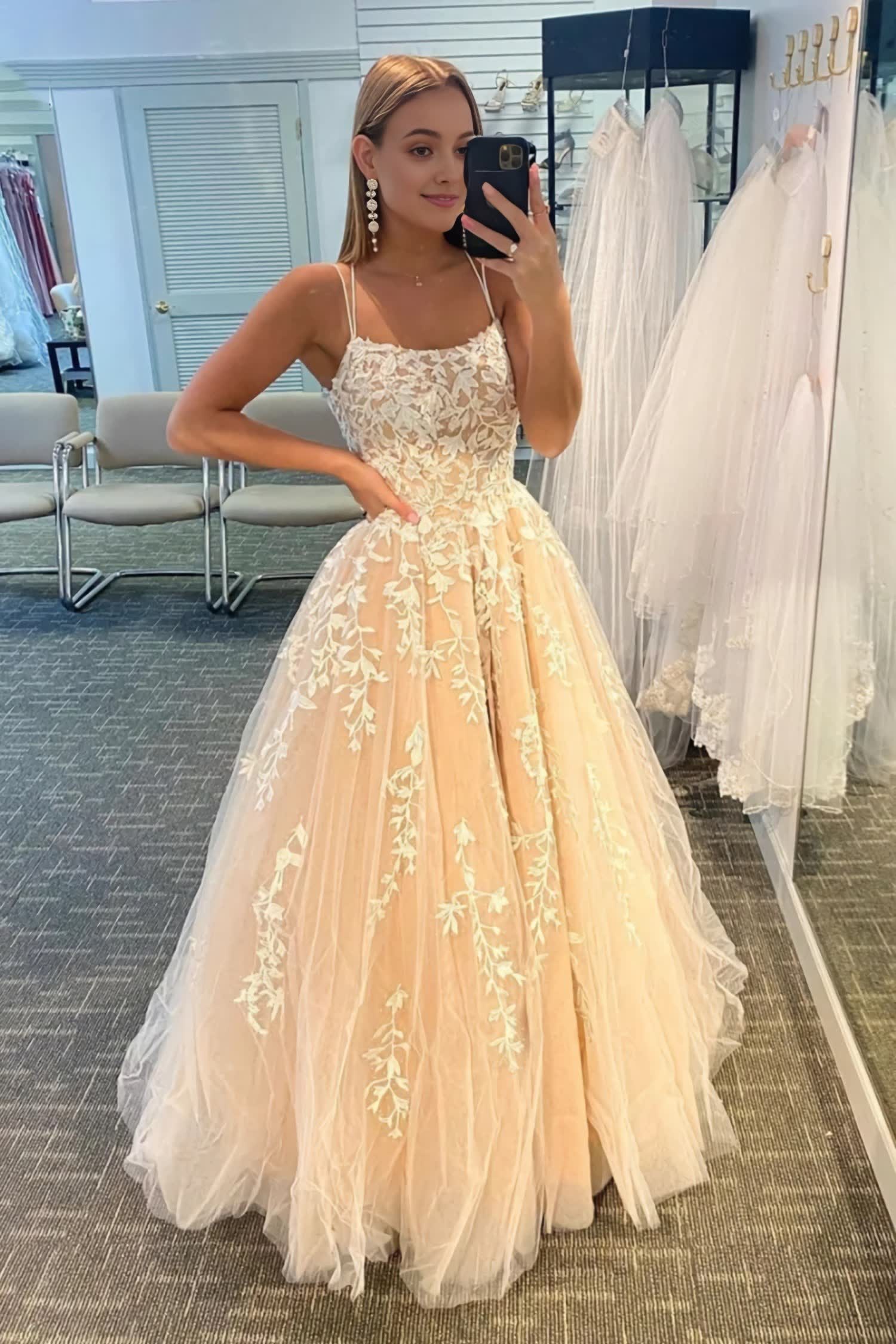Champagne A Line Embroidery Prom Dresses