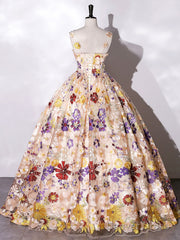 Champagne A-Line Flowers Long Prom Dress, Champagne Sweet 16 Dress