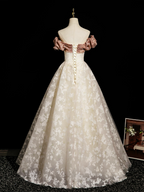 Champagne A-Line Lace Long Prom Dresses, Champagne Long Evening Dresses