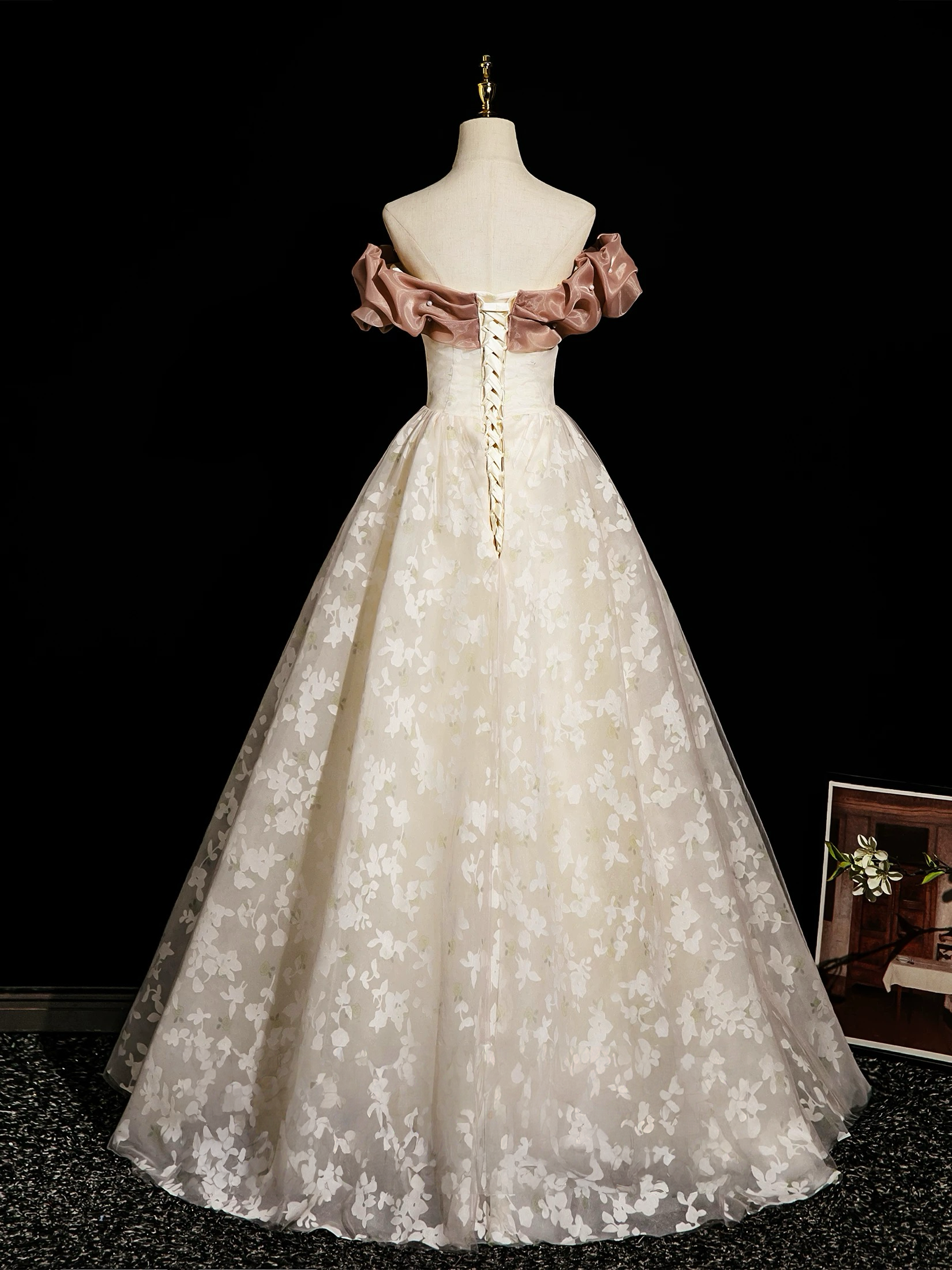 Champagne A-Line Lace Long Prom Dresses, Champagne Long Evening Dresses
