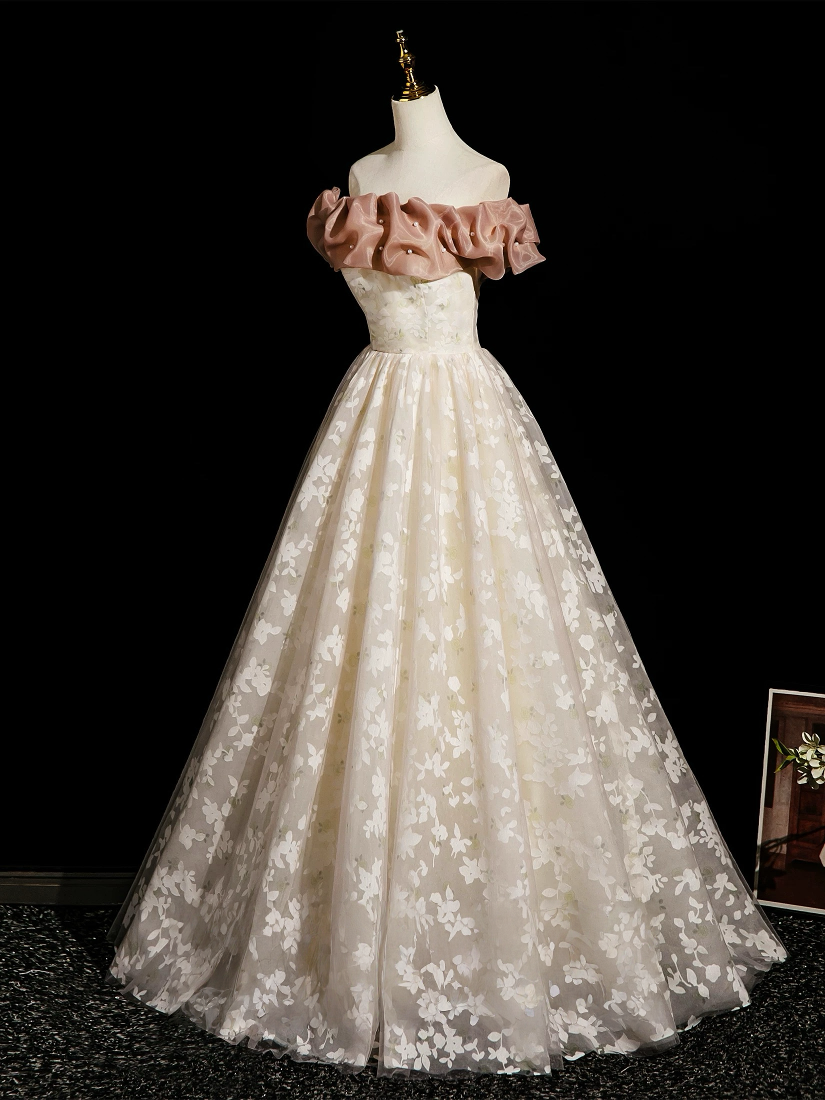 Champagne A-Line Lace Long Prom Dresses, Champagne Long Evening Dresses