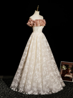 Champagne A-Line Lace Long Prom Dresses, Champagne Long Evening Dresses