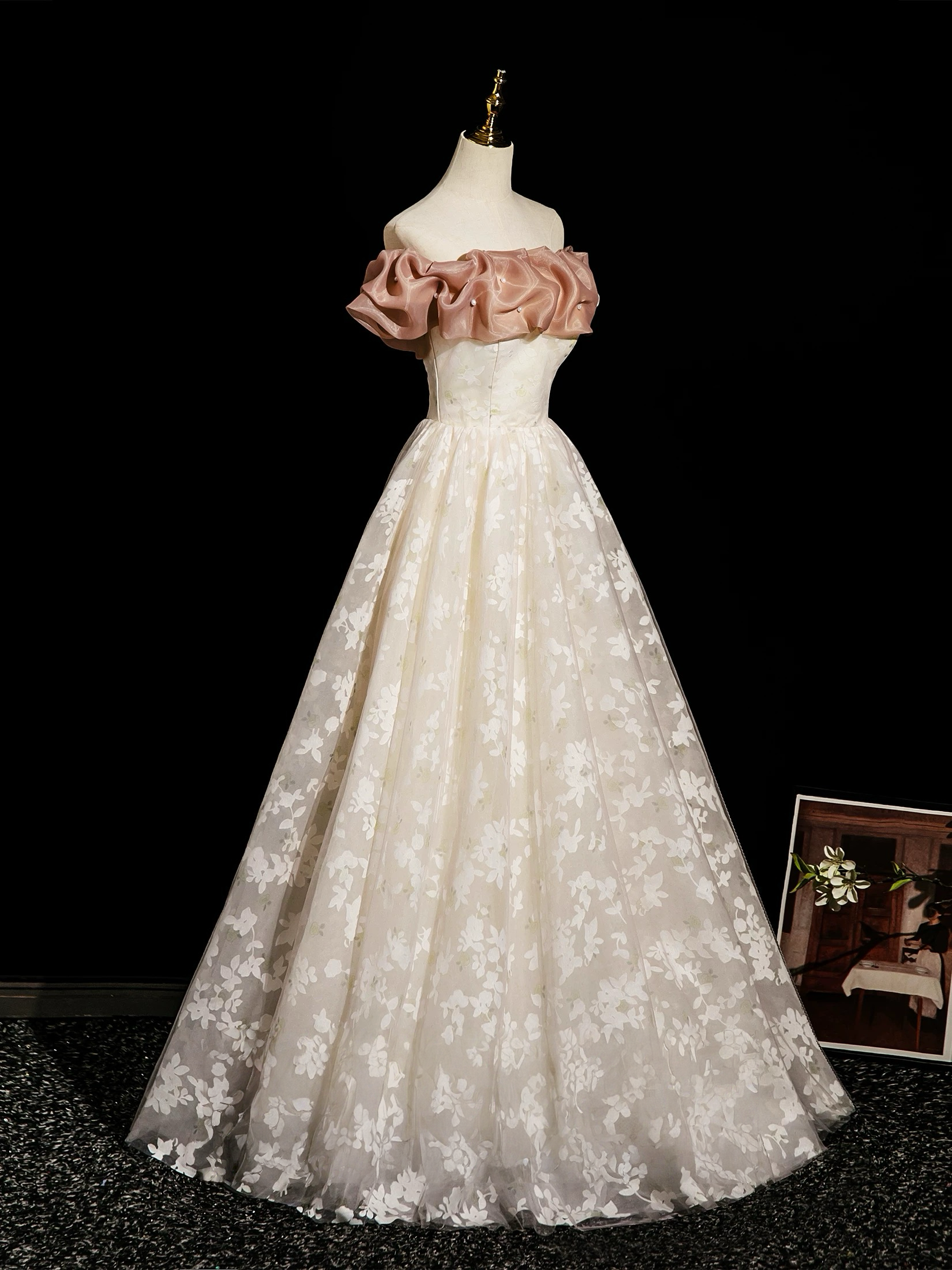 Champagne A-Line Lace Long Prom Dresses, Champagne Long Evening Dresses
