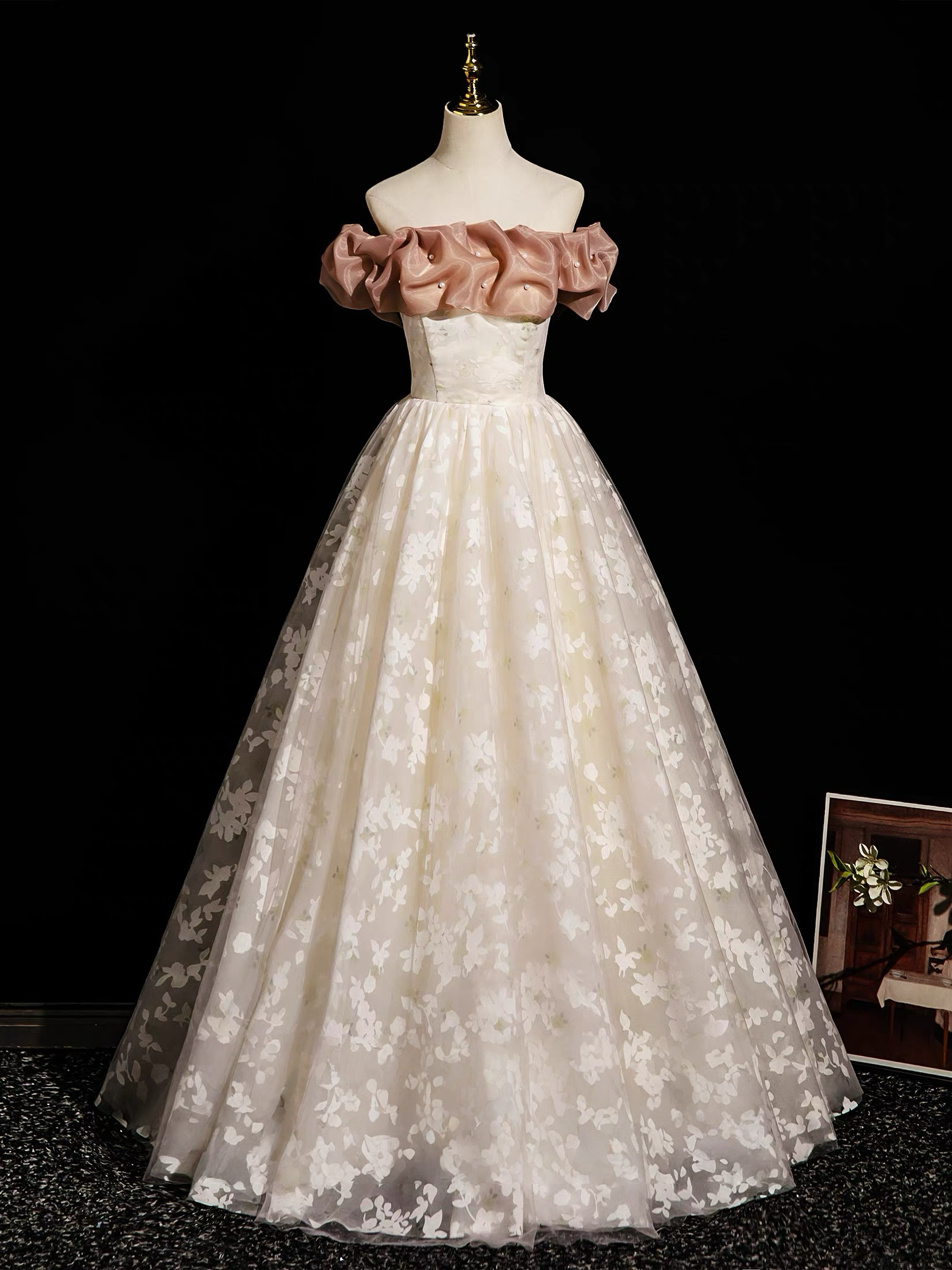 Champagne A-Line Lace Long Prom Dresses, Champagne Long Evening Dresses