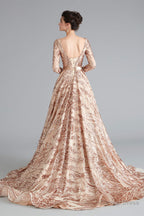 A Line Luxury Sequins Long Sleeve Backless Prom Dresses