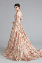 A-Line Luxury Sequins Long Sleeve Backless Prom Dresses