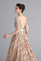 A Line Luxury Sequins Long Sleeve Backless Prom Dresses