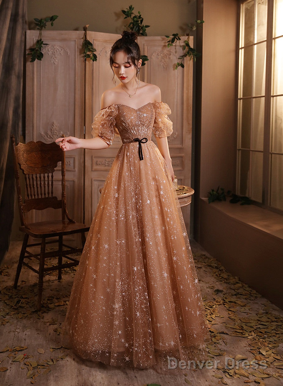 Champagne A-Line Off Shoulder Sweetheart Long Party Dress, Simple Prom Dress Main image