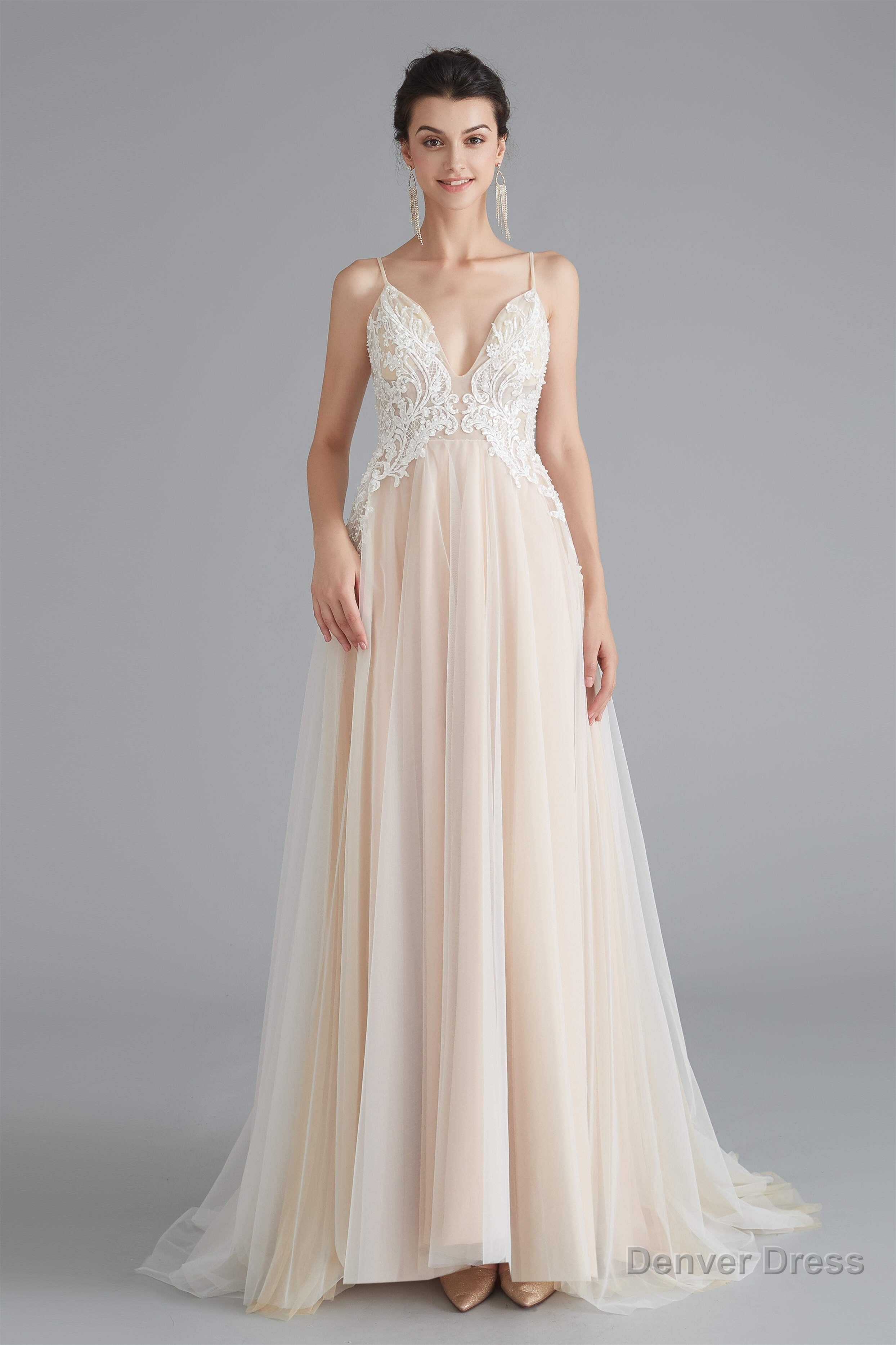 Champagne A-line Prom Dresses with Lace Top Main image