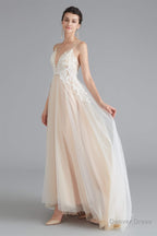 Champagne A Line Prom Dresses with Lace Top